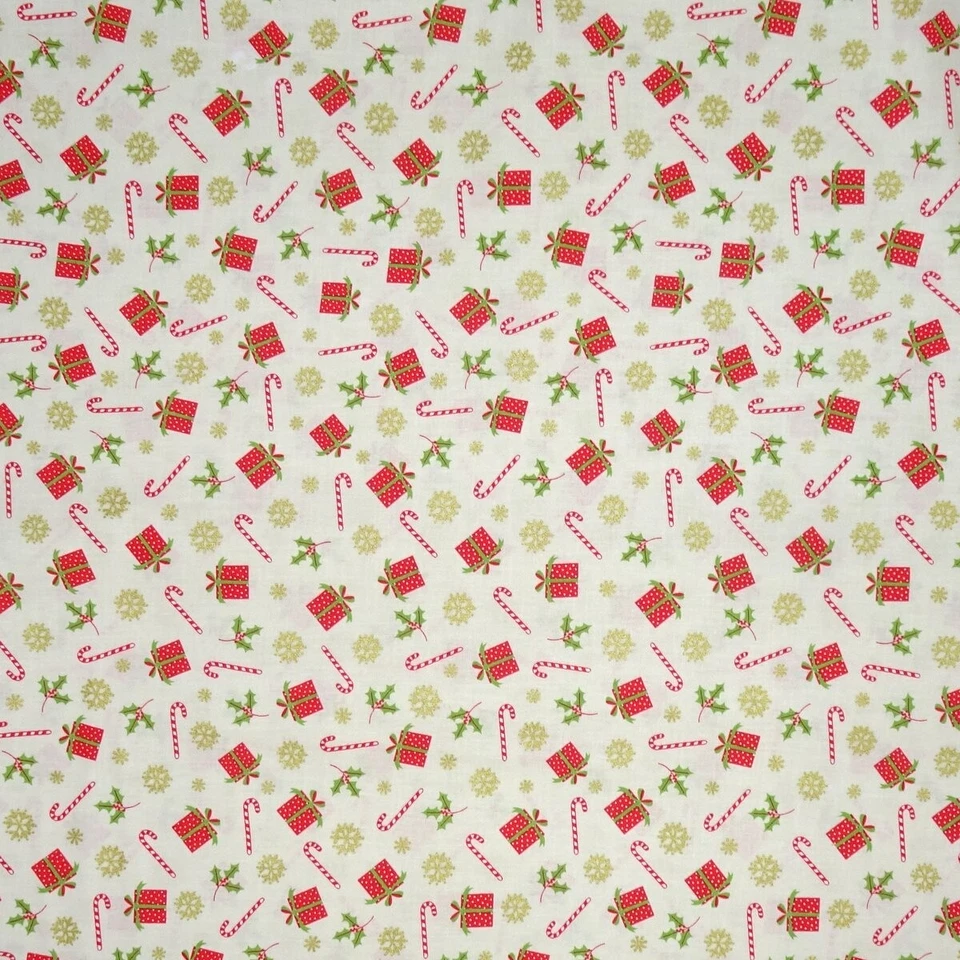Christmas Fabric - Holly Jolly Present Snowflake Toss Cream - Santee YARD - Image 1 of 1