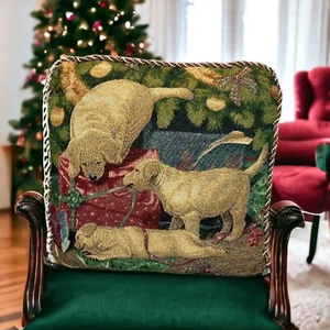 Tapestry Pillow Yellow Lab Puppies Under Christmas Tree Artist Mia Lane 15" - Picture 1 of 6