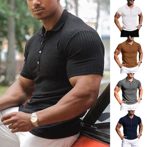Men Summer Ribbed Muscle Stretch Slim Fit Short Sleeve T-Shirt Collar Casual Top - Picture 1 of 22