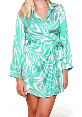 Camisa para mujer estampada con nudo satinado bicolor, mangas largas 22070 Foto 1 de 2