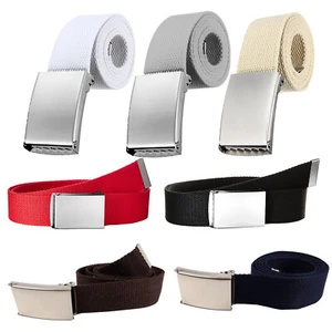 Plain Webbing Canvas Belt Unisex Quality Cotton Fabric Silver Buckle Fits All - Picture 1 of 40