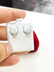 925 Sterling Silver White Opal Huggies Earrings Fancy Hoop Aretes for Women 12mm - Picture 1 of 4