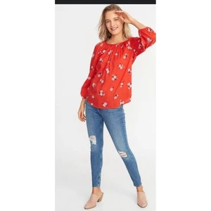 Old Navy Women's Peasant Floral Red Shirt Sz Large Summer Vacation Casual - Picture 1 of 8