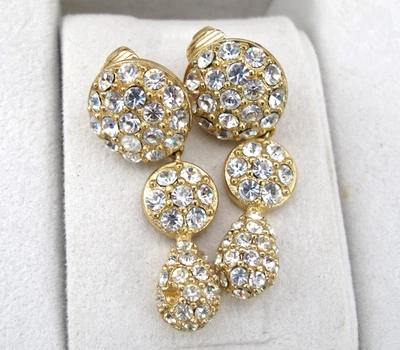 Vintage Christian Dior Earrings Gold Plated Rhinestone Clip On Dangle Tear Drops - Image 1 of 4