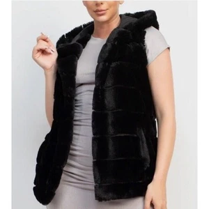 Rachel Zoe Women’s Faux Fur Hooded Vest w/Hook & Eye Closure Black Size Large - Picture 1 of 9
