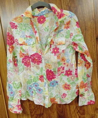 Blusa IZOD Mujer Floral Frontal Perla A Presión Manga Larga Algodón Talla S Enrollable Foto 1 de 4