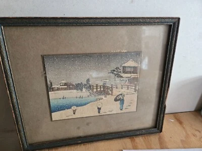 Impresión en madera vintage de Japón "Nieve en Benton Hill" posiblemente Utagawa Hiroshige Foto 1 de 4