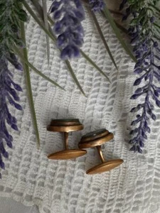 Vintage Men's Cufflinks 1961USSR Gems BrassPatina Green Jasper Natural Jewelry - Picture 1 of 10