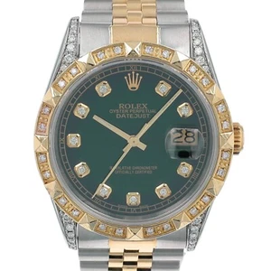 Rolex Mens Datejust 18K Gold & Steel Green Diamond Dial Pyramid Bezel 36mm Watch - Picture 1 of 19