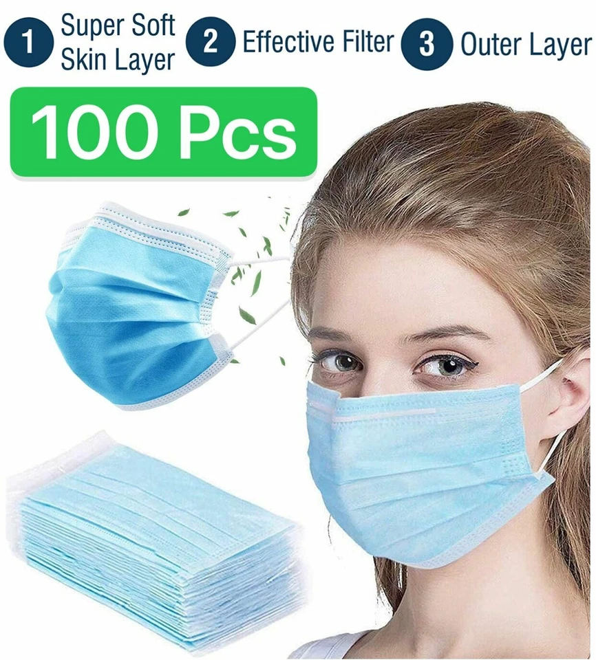 100 PCS Blue Face Mask Mouth & Nose Protecting Families Easy Safe - Image 1 of 4