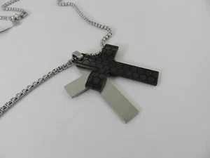He Rocks Silver and Black Double Cross Pendant Necklace In Stainless Steel, 24" - Picture 1 of 4