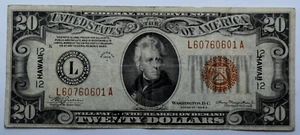 1934A $20 Dollar Brown Seal Federal Reserve Note Emergency Issue WWII Hawaii, SF - Picture 1 of 6