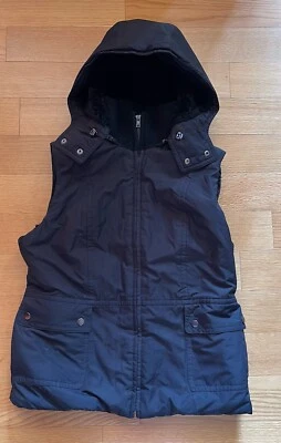 Ann Taylor Puffer  Hooded Vest Faux Fur Lined Full Zip Pockets Black Womens M — 第 1/4 张图片
