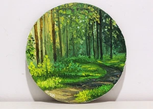 Green Grove Original Ölgemälde rund Ø7 Sonnenstrahlen Waldweg Miniatur Kunst - Bild 1 von 12