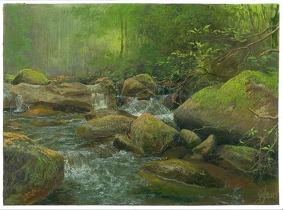 pintura original 30 x 40 cm 38KJr arte pinturas a óleo paisagem floresta fluxo - Imagem 1 de 3