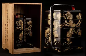 Antique Meiji 1910 Japanese Maki-e Lacquerware Jubako Jyubako Lunch Box w/box - Picture 1 of 18