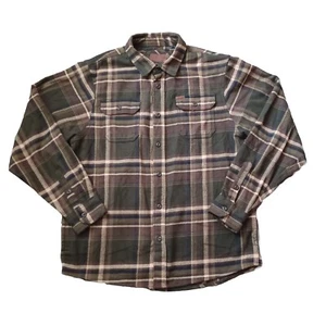 Orvis Flannel Shacket Mens L Green Tan Plaid Logo Button Up Pockets Long Sleeve - Picture 1 of 18