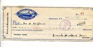 Cheque bancario vintage ARKPORT STATE BANK NY ciudad de Hornellsville 1918 - Imagen 1 de 1