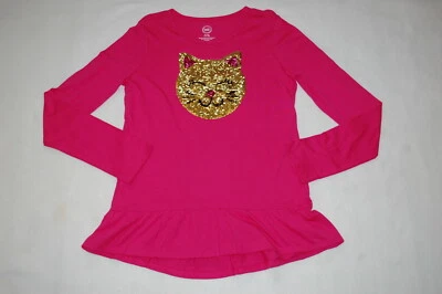 Camisa túnica L/S para niñas ROSA ALTO-BAJO dobladillo con volantes CARA DE GATO DORADA plateada maullido XL 14-16 Foto 1 de 3