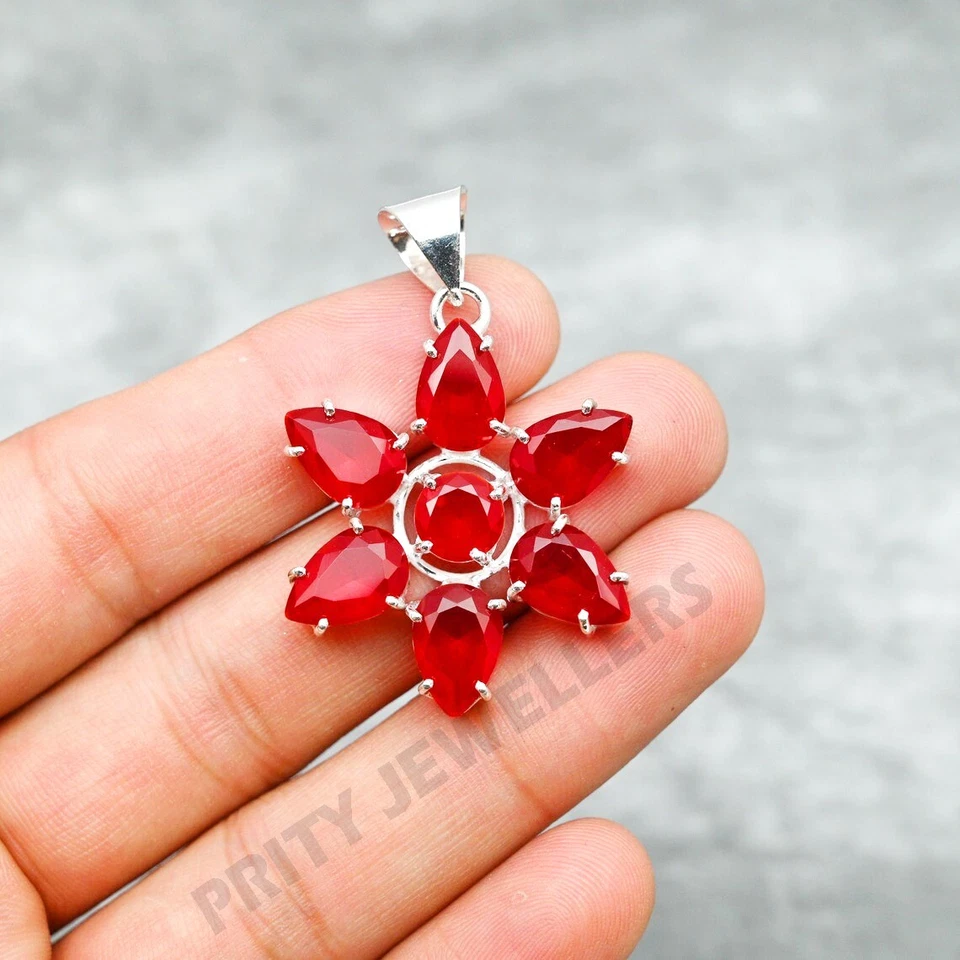 Kashmir Red Flower Pendant 925 Sterling Silver Handmade Jewelry Gift - Image 1 of 4