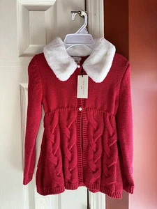 NWT MAX Studio Girl 5-6 116 Holiday Red Cardigan Sweater White Faux Fur Collar - Picture 1 of 24