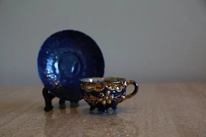 Rare Small Demitasse cobalt blue w. gold embellished  flowers  Cup & Saucer (95) - Picture 1 of 3