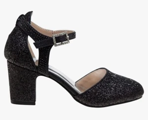 Badgley Mischka Black Glitter Sparkle Girls Formal Buckle Heels NEW Size 3 - Picture 1 of 7