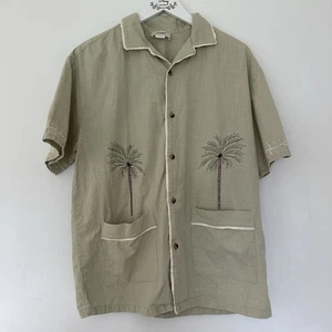 Pull & Bear Cuban Collar Shirt Sage Embroidered Holiday Palm Medium Cotton - Picture 1 of 6