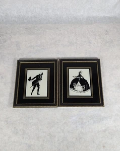 Paar Vintage Kolonial umgekehrt bemalte Glas Silhouette Menuett von Reliance T-1 - Bild 1 von 10