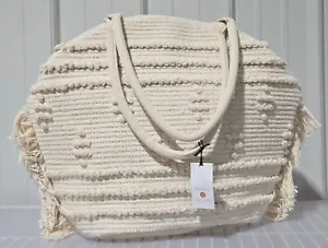 Shade & Shore Off White Cream Straw Fringe Large Tote Handbag 21.25" x 15.5" - Picture 1 of 9