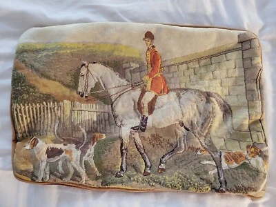 Vintage Petit Point Needlework Equestrian Huntseat horses w Dogs Pillow Stunning - Image 1 of 4