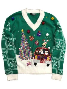 Womens Green Sequin Elf Llama Santa Elf Dog Christmas Holiday Sweater - Picture 1 of 1
