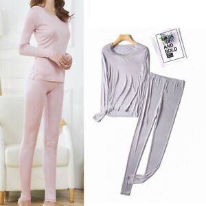 Women Silk Thermal Soft Lace Long Johns Top & Bottom Set Mulberry Silk Underwear