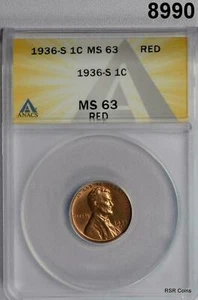 1936 S LINCOLN CENT ANACS CERTIFIED MS63 RED! #8990 - Picture 1 of 3