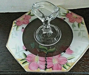 Center Handled 10"  Octagon Pastry Sandwich Tray Plate Painted Flowers - Picture 1 of 4