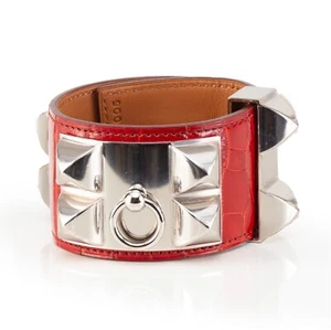 Auth. HERMES Bracelet BRACELET - Medor Collier de Chien Silver HW Red Croco NEW - Picture 1 of 14