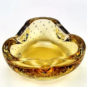 Vintage Murano Ashtray Controlled Bubble Amber Yellow Hand Blown Art Glass - Imagen 1 de 15