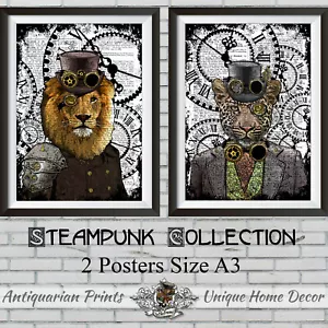 Steampunk Animal Collection 2 Posters A3 Size Lion and Leopard Pictures - Picture 1 of 1
