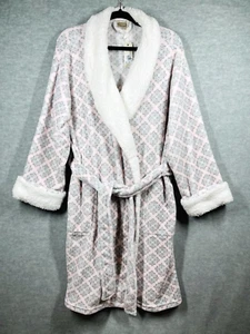 Womens Plush Fleece Robe Size L/XL Sherpa Trim Soft Pink Gray Spa Day Lounge NWT - Picture 1 of 14
