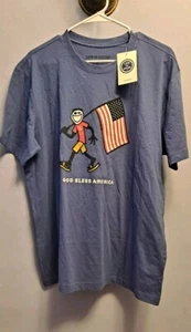 NWT NEW Mens LIFE IS GOOD God Bless America Patriotic Flag Blue T-SHIRT Large L - Picture 1 of 4