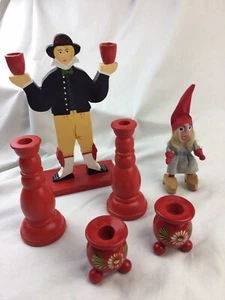 Traditional Swedish Red Wood Candle Holders Floral Design Ball Feet lot - Picture 1 of 12
