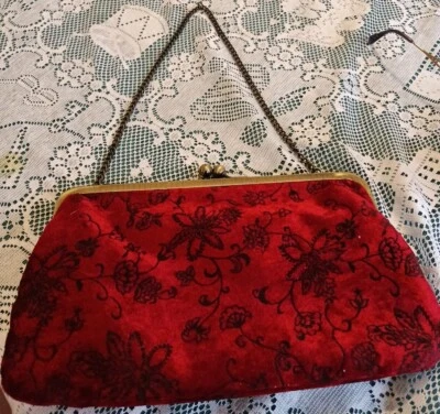 Paradox Velour Clutch Deep Red Vintage Style Floral Print Handbag with chain - Image 1 of 4