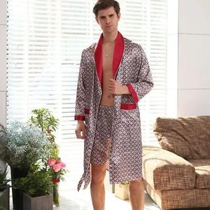Men Satin Kimono Bathrobe 2 Piece Lightweight Long Sleeve Robe Shorts Pajama Set - Picture 1 of 65