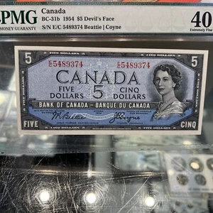 BANK OF CANADA 1954 DEVIL FACE $5.00 PMG Extra Fine 40 EPQ - Picture 1 of 5