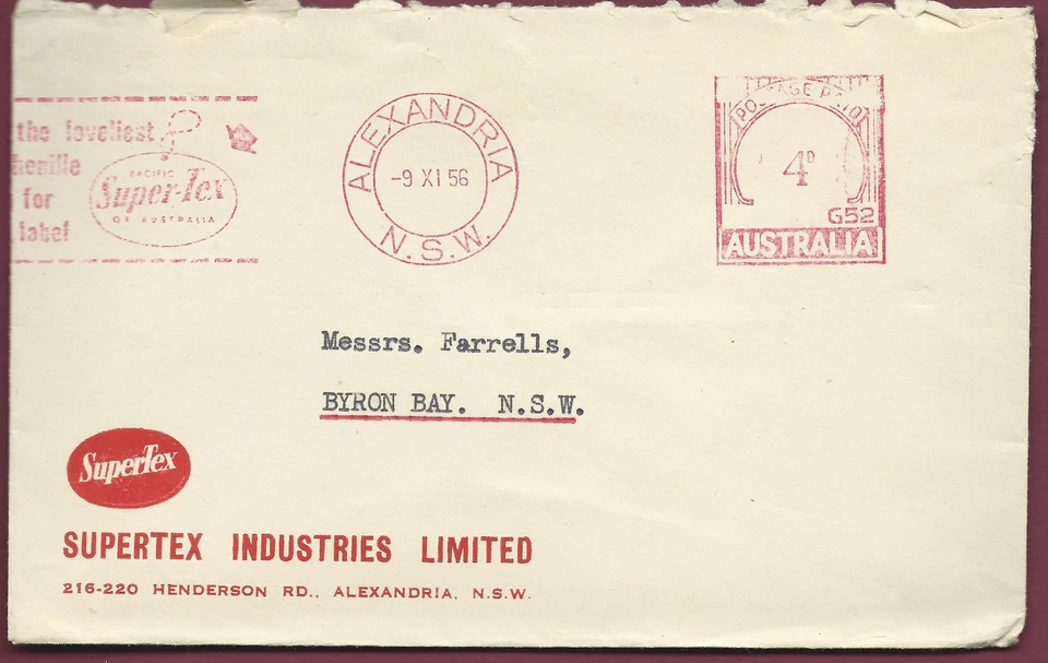 1956 SUPERTEX INDUSTRIES LTD Australia ALEXANDRIA NSW 4d Postal Meter Cover Foto 1 de 1