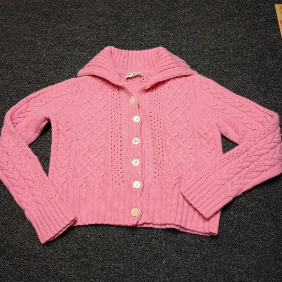 Tommy Hilfiger Lamb Rabbit Wool Cardigan Beaded Sweater Women Medium Pink - Image 1 of 4