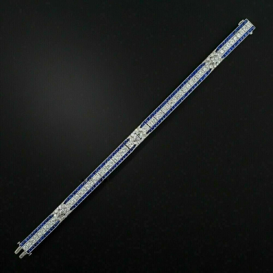 Fabulosas pulseras de zafiros azules y diamantes blancos con diseño antiguo real de 15,35 TCW Foto 1 de 4