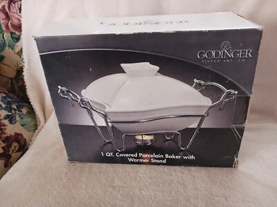 NEW Godinger 1 QT. Covered Porcelain Baker With Warmer Stand White (NEW OPEN BOX - Image 1 of 4