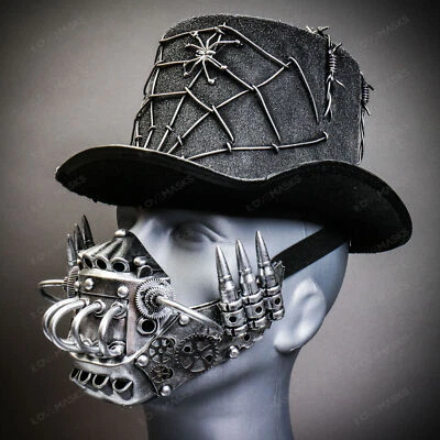 Sombrero de copa plateado de tela de araña de Halloween con máscara de robot plateada disfraz de fiesta de Halloween Foto 1 de 4