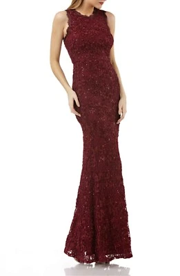 JS COLLECTIONS Wine Sequin Metallic Soutache Floral Lace Applique Maxi Gown 14 - Image 1 of 4